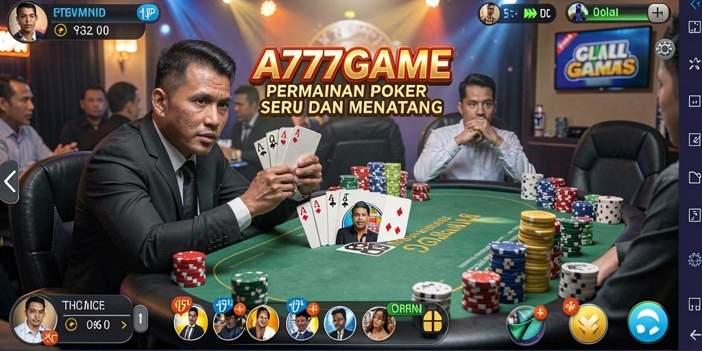 Tangkapan layar A777GAME menampilkan momen seru dalam permainan poker.
