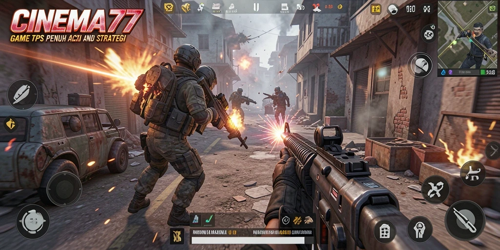 Tampilan gameplay seru dalam <strong>CINEMA77</strong> dengan aksi tembak-menembak yang intens.
