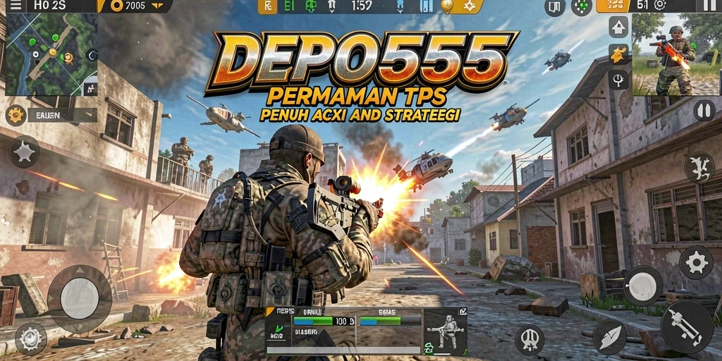 Screenshot gameplay DEPO555 menampilkan aksi seru di medan perang TPS.