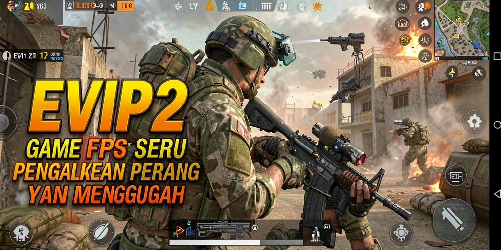 Screenshot gameplay EVIP2 yang menunjukkan aksi tembak-menembak yang intens.
