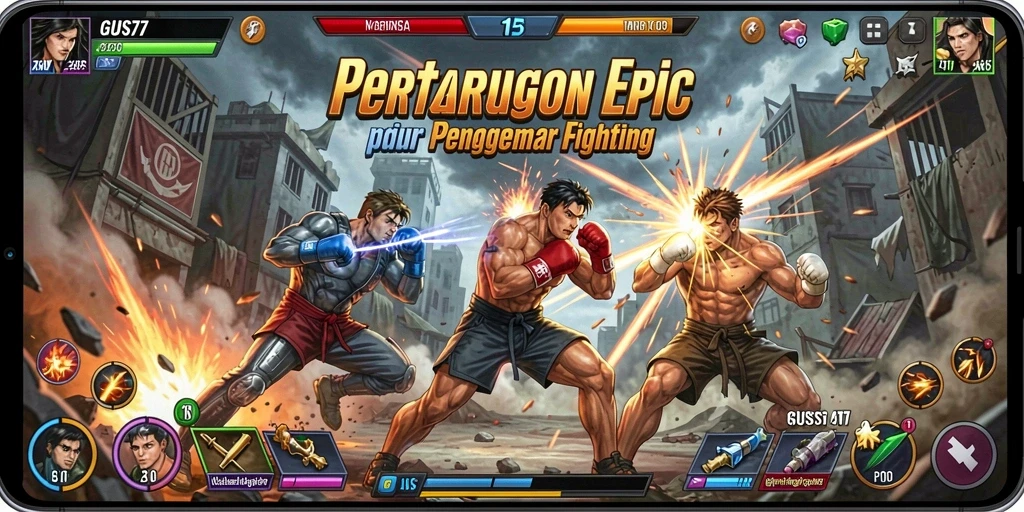 Screenshot GUS77 menampilkan aksi pertarungan yang mendebarkan dan karakter unik.