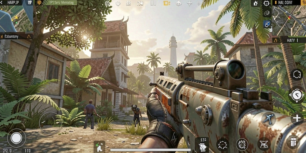 Tampilan gameplay HARAPJP dengan aksi tembak-menembak yang seru.
